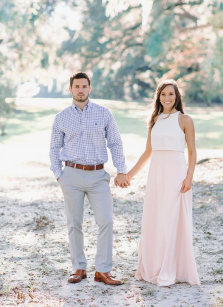 engagement session outfits, button down shirt, blue button down, grey pants, pink dress, pink maxi dress, white lace top, pink tulle dress