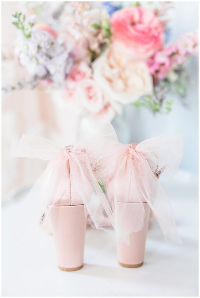 Blush pink Badgley Mischka wedding shoes with tulle bow and block heel | Fairytale-themed Historic Mankin Mansion wedding in June | Richmond wedding photographer