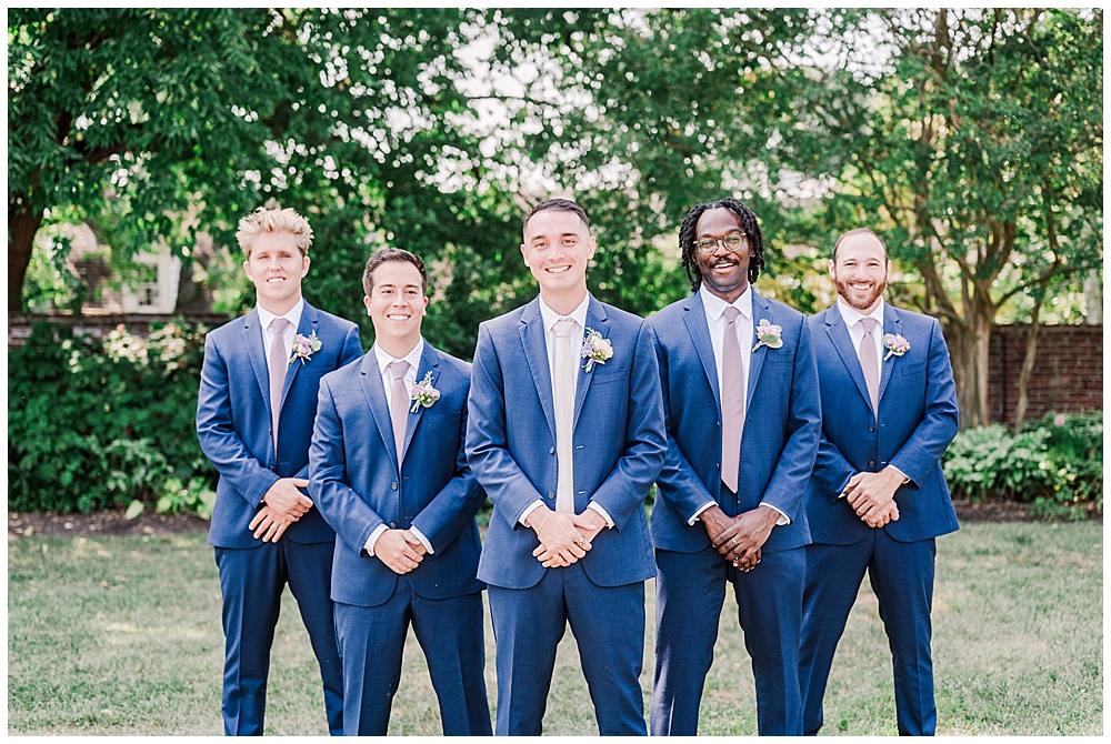 Bright blue groomsmen suit inspiration with mauve neckties 

River Farm Wedding | Alexandria Wedding Photographer