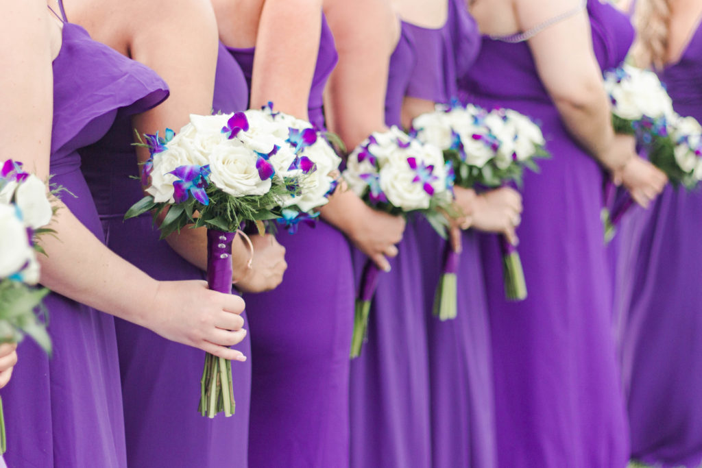 bridal party, bridesmaids, bridesmaids bouquet, nosegay bouquet, purple bridesmaid dresses, purple wedding, rose bouquet, orchid bouquet