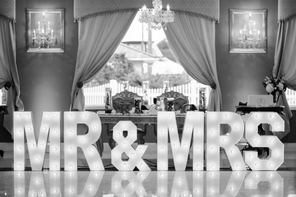 reception details, mr. and mrs., bridal table, bride and groom, reception table, reception hall, long island wedding, marquee, marquee letters, marquee decor, wedding decor, chandelier, banquet hall