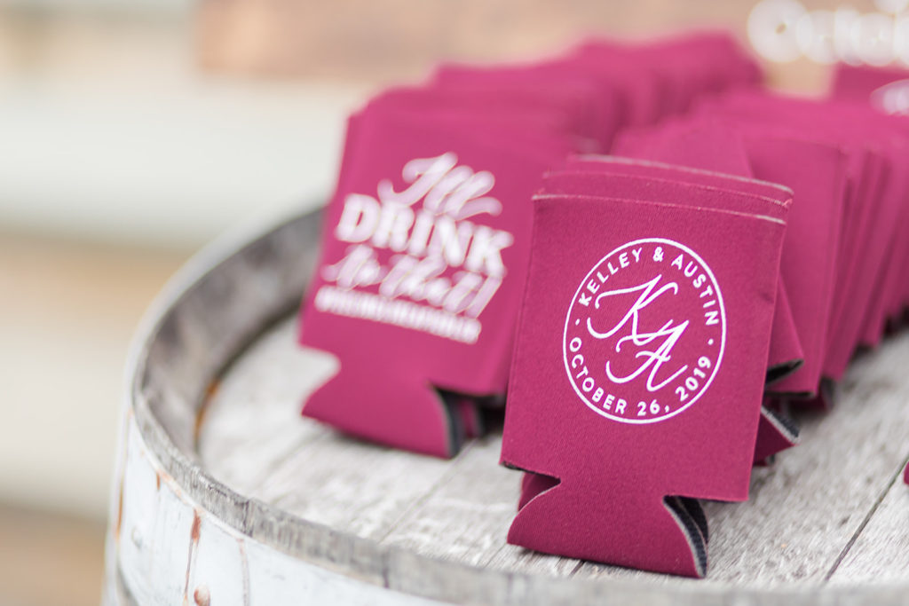 breaux vineyard, guest favors, wedding favors, beer coozies