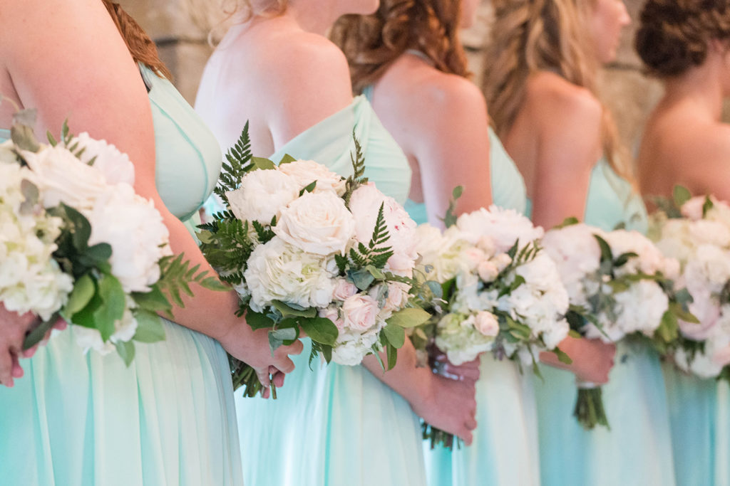 Mount Ida Farm indoor wedding ceremony. Charlottesville, VA wedding venue. Mint green bridesmaid dresses. Sky blue bridesmaid dresses.