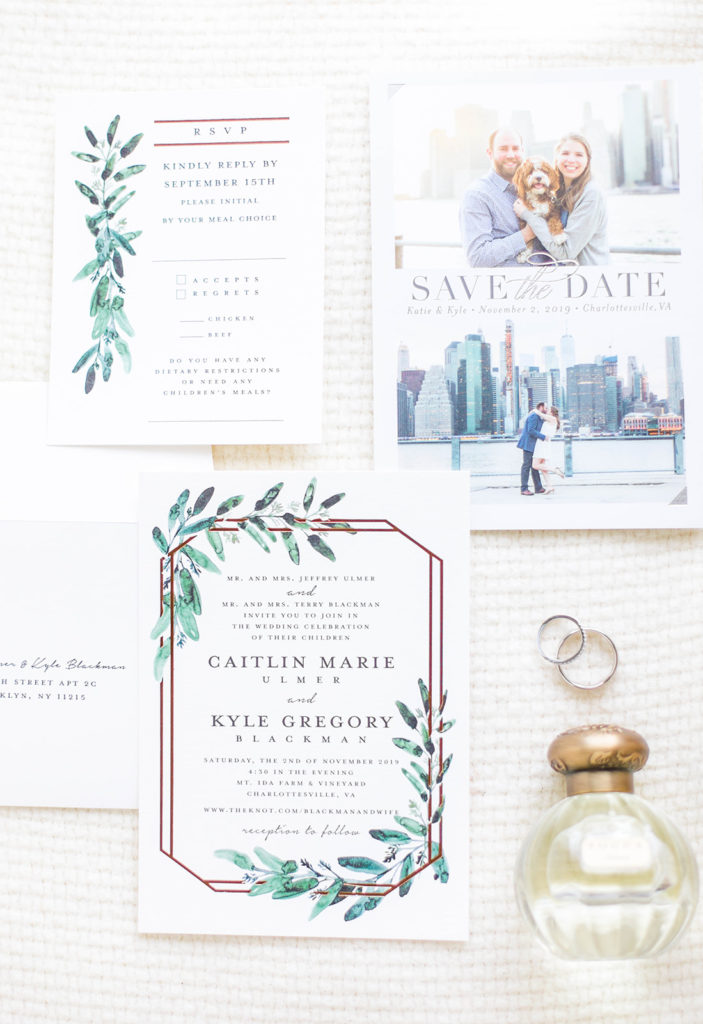 ivory and blue wedding invitation suite with save the date card, RSVP, and details card