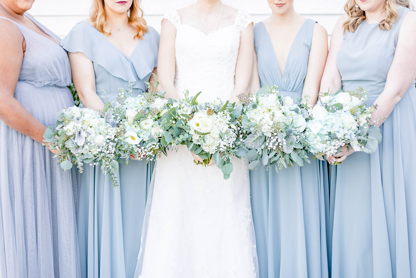dusty blue bridesmaid dresses with white and sage bouquets. How to choose your bridesmaids and how to choose your maid of honor. Virginia wedding photographer Emily Nicole Photography