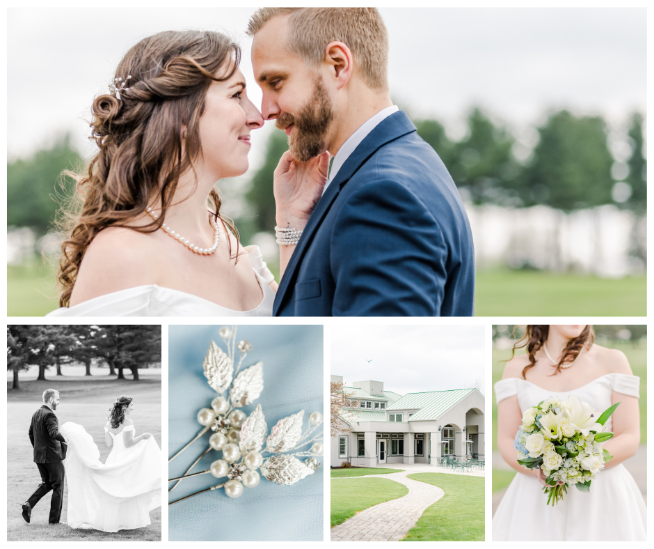 Waynesboro Country Club wedding in April, spring 2021. Colors were sky blue and pale lemon yellow. Ballgown with off-the-shoulder neckline. Pearls and navy blue groomsmen suits.