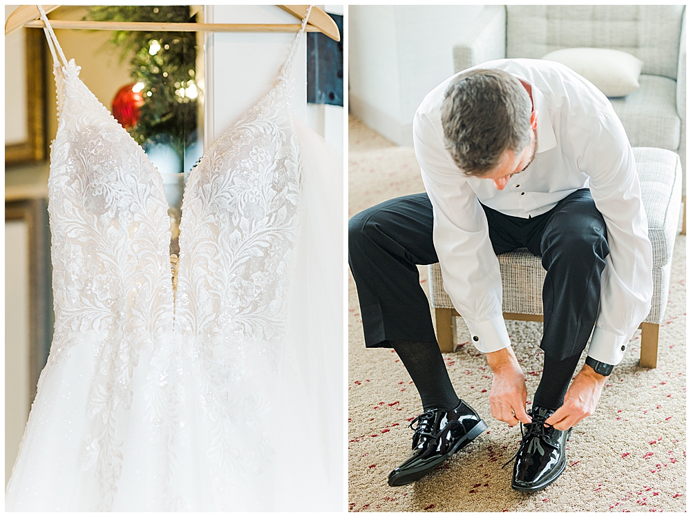 Lace wedding dress bodice with beaded spaghetti straps. A deep V-neck with sheer lining. Groom puts on  shiny black tuxedo shoes in a light colored hotel room.