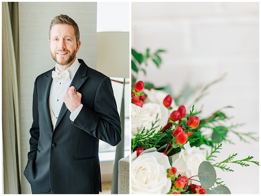 Christmas florals for wedding. Red berries and evergreen florals with white roses. Groom wearing a black tuxedo with gold vest and bowtie.