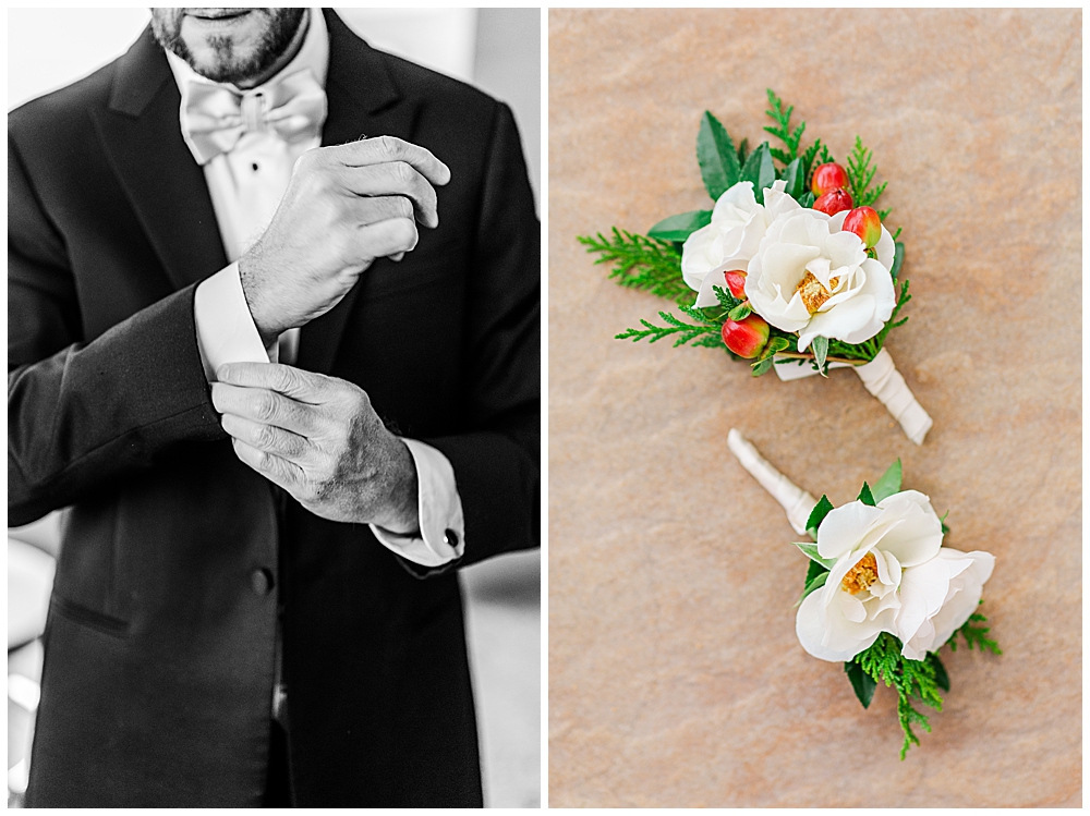 Christmas boutonnieres with white gardenia and red berries, evergreen greenery. Black tux groom.