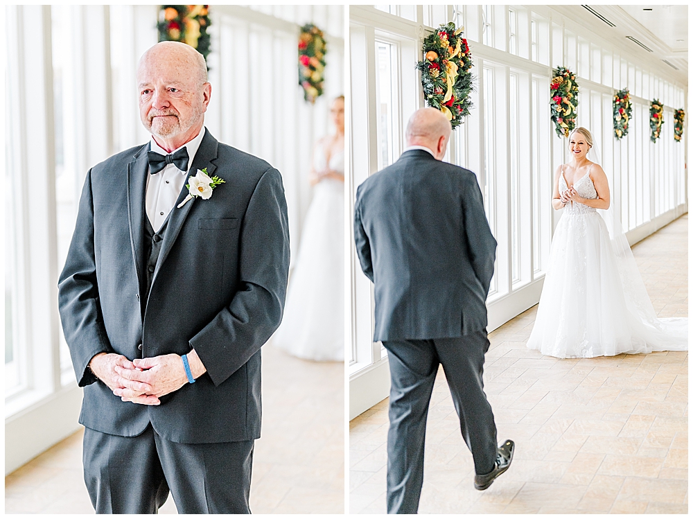 Dad's first look of the bride. Father of the bride first look. Emotional first look with father of the bride.