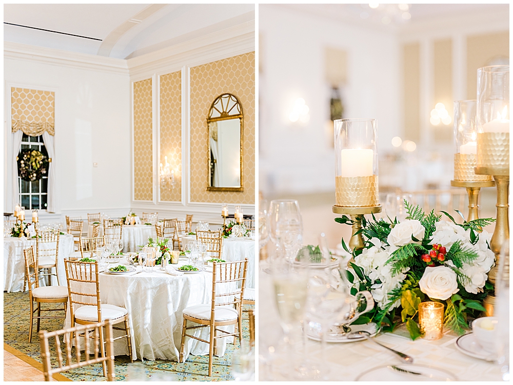Christmas reception decor. Indoor winter wedding, ballroom with gold and white decor and winter greenery