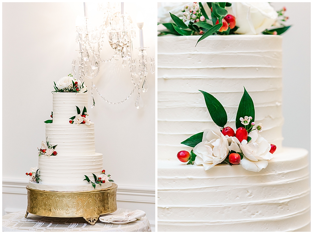 Christmasy wedding cake. Christmas wedding cake with white buttercream and wintery flowers. Christmas florals. Winter florals on Fluffy Thoughts Cakes from northern virginia wedding.