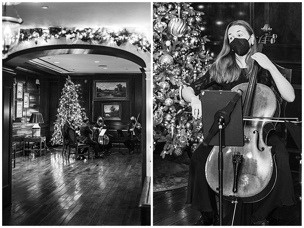 Indoor wedding with string quartet. Christmas wedding with string quartet.