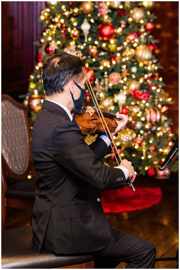 Indoor wedding with string quartet. Christmas wedding with string quartet. Sage String Quartet at Arlington, VA wedding
