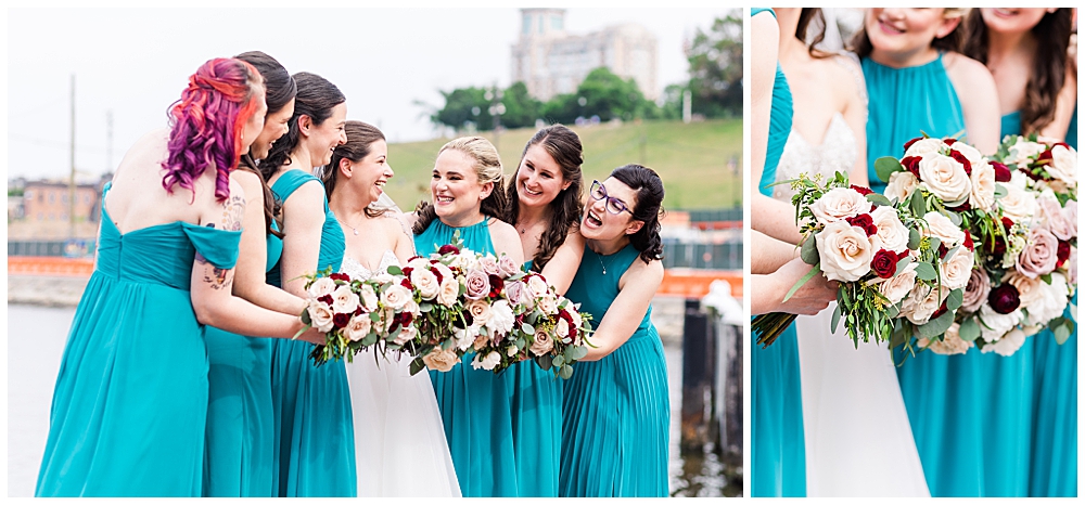 Teal bridesmaid dresses with pink and red rose bouquets in Baltimore Maryland