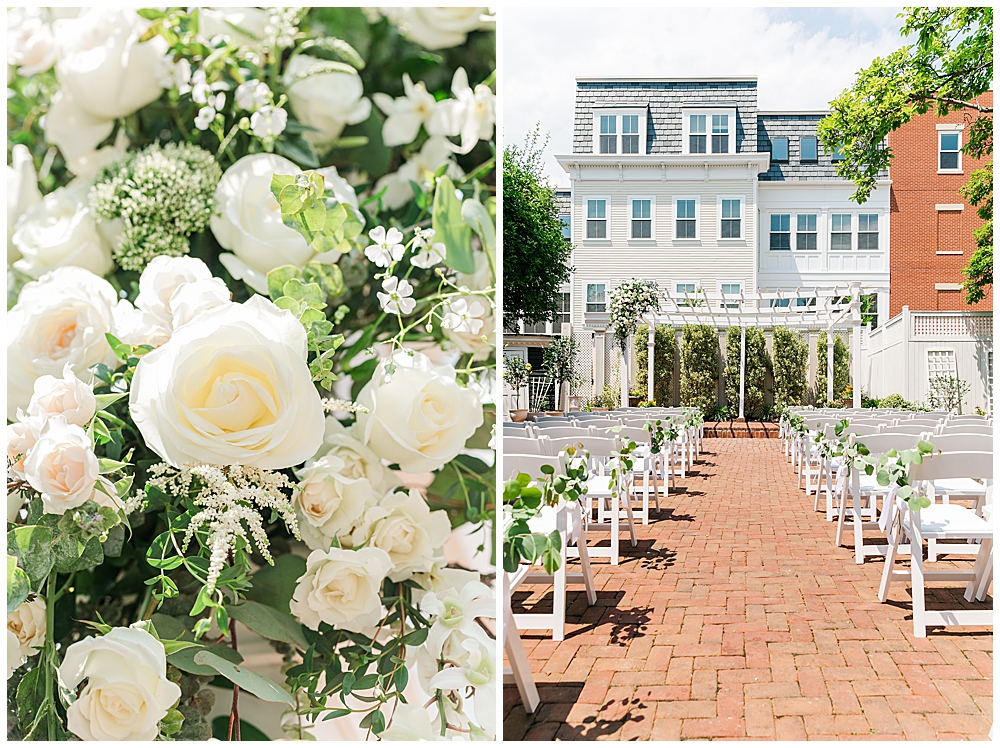 The Rectory on Princess Street wedding venue Old Town Alexandria Wedding photographer floral arrangements for arbor