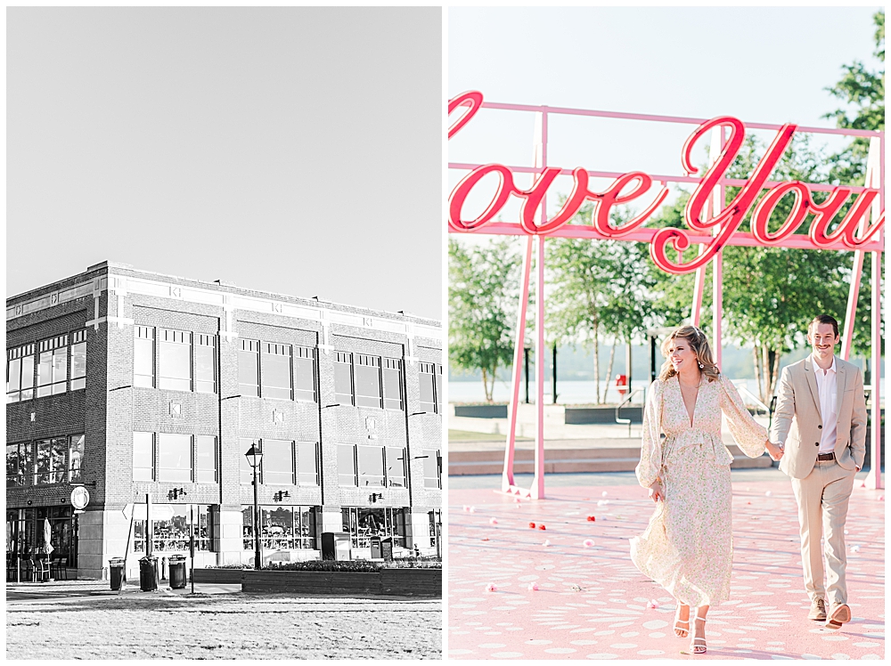Alexandria waterfront engagement session in northern Virginia next to I Love You sign at Waterfront Park by a VA wedding photographer