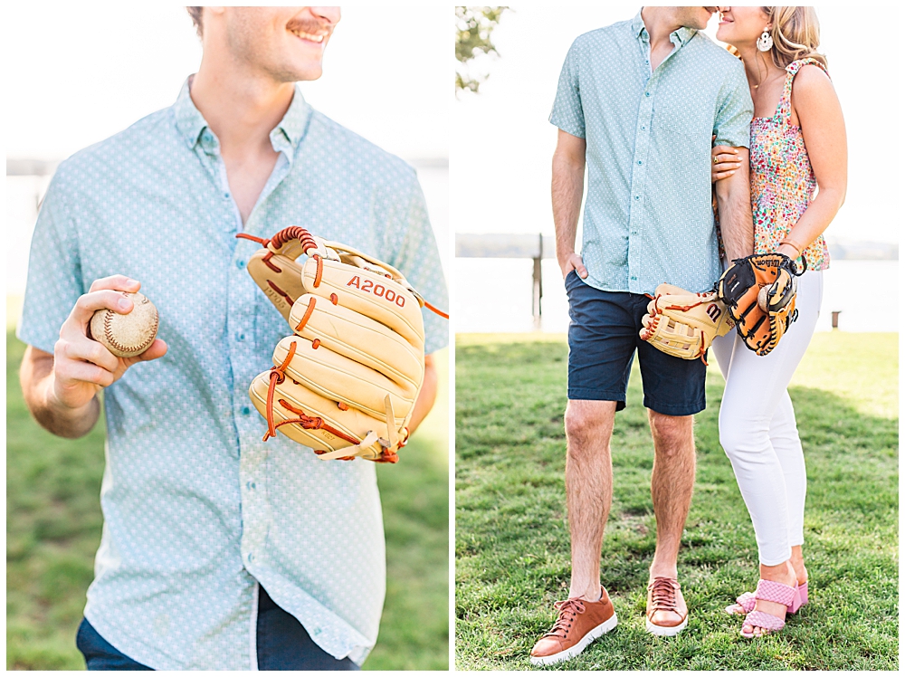 couple wears Wilson baseball gloves in baseball themed engagement session
