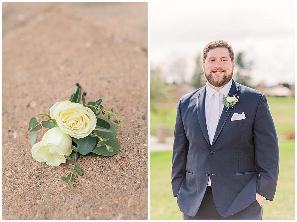Groom Boutonniere | White rose groom boutonniere | Groom boutonniere with eucalyptus | yellow rose groom boutonniere | groomsmen boutonnieres | wedding boutonniere | rose boutonniere | groom suit navy | navy groomsmen suit | groom suit with white tie | groom attire for spring wedding | Northern VA wedding photographer