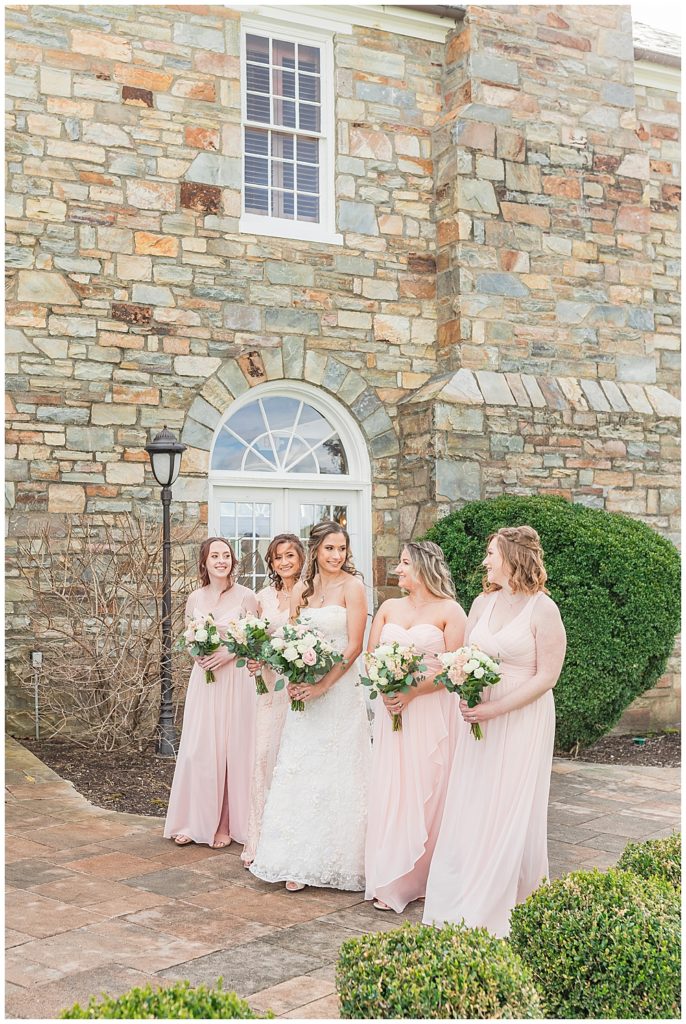 Northern Virginia wedding photographer | Pink bridesmaid dresses and bouquets with roses, eucalyptus | Wedding bouquets | bridesmaid bouquets | pink wedding color theme Northern VA wedding photographer | DC wedding photographer 