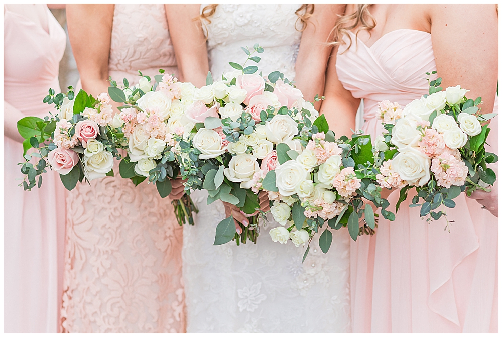 Northern Virginia wedding photographer | Pink bridesmaid dresses and bouquets with roses, eucalyptus | Wedding bouquets | bridesmaid bouquets | pink wedding color theme
