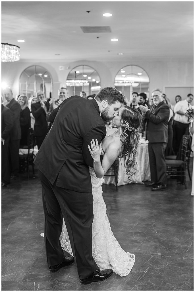 Black and White first dance photo | First dance dip at wedding | Bride and Groom first dance | Wedding reception photos | Northern VA wedding photographer | DC wedding photographer | Inn at Evergreen wedding