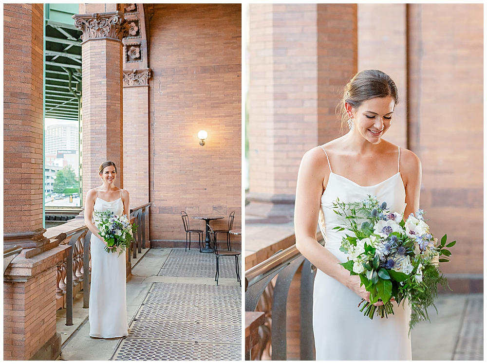 A bride poses at Main Street Station with her ivory and blue bridal bouquet for a classic bride portrait.

Once the Bride is all dressed and ready for the wedding, I love to capture a few simple, posed portraits of her, including standing poses for Brides, bouquet shots, dress shots, and more.

I'm Emily, a Northern VA and Richmond wedding photographer based in Vienna, VA near Washington, D.C. If you're looking for a wedding photographer who will help you craft a custom wedding day timeline, take great care to capture every memory as it happens, and hype you up with easy posing prompts, visit my website to inquire!