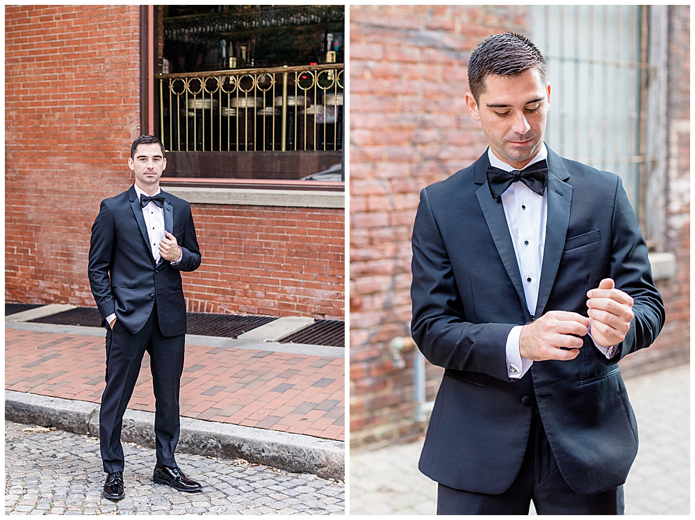 A groom dressed in a satin-lapel tuxedo poses for a classic Groom portrait.

Once the Groom is all dressed and ready for the wedding, I love to capture a few simple, posed portraits of him, including sitting poses for Grooms, standing poses for Grooms, and more.

I'm Emily, a Northern VA and Richmond wedding photographer based in Vienna, VA near Washington, D.C. If you're looking for a wedding photographer who will help you craft a custom wedding day timeline, take great care to capture every memory as it happens, and hype you up with easy posing prompts, visit my website to inquire!