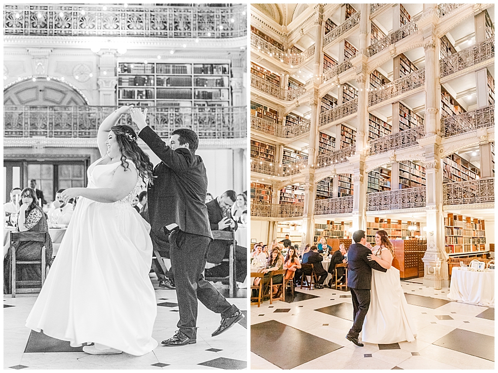 George Peabody Library wedding first dance, photo taken by a Baltimore wedding photographer