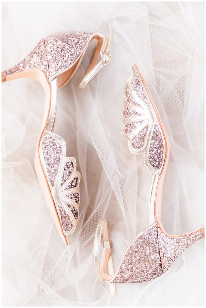 Unique wedding shoes for bride | rose gold glittery wedding shoes | Richmond wedding photographer
