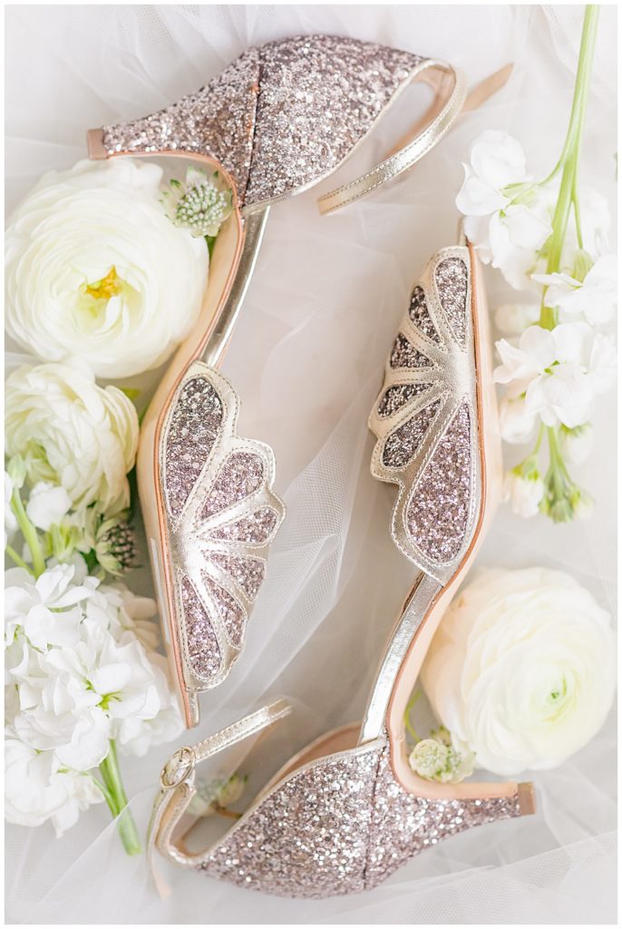 Unique wedding shoes for bride | rose gold glittery wedding shoes | Richmond wedding photographer