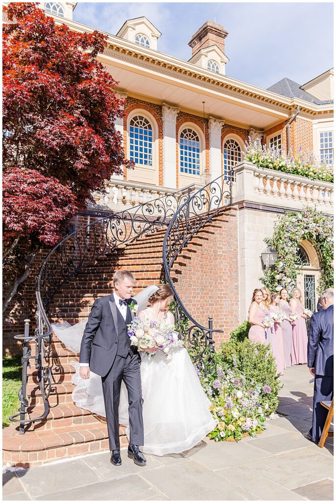 Estate at River Run wedding ceremony in spring | Bride walking down the aisle | Richmond wedding photographer