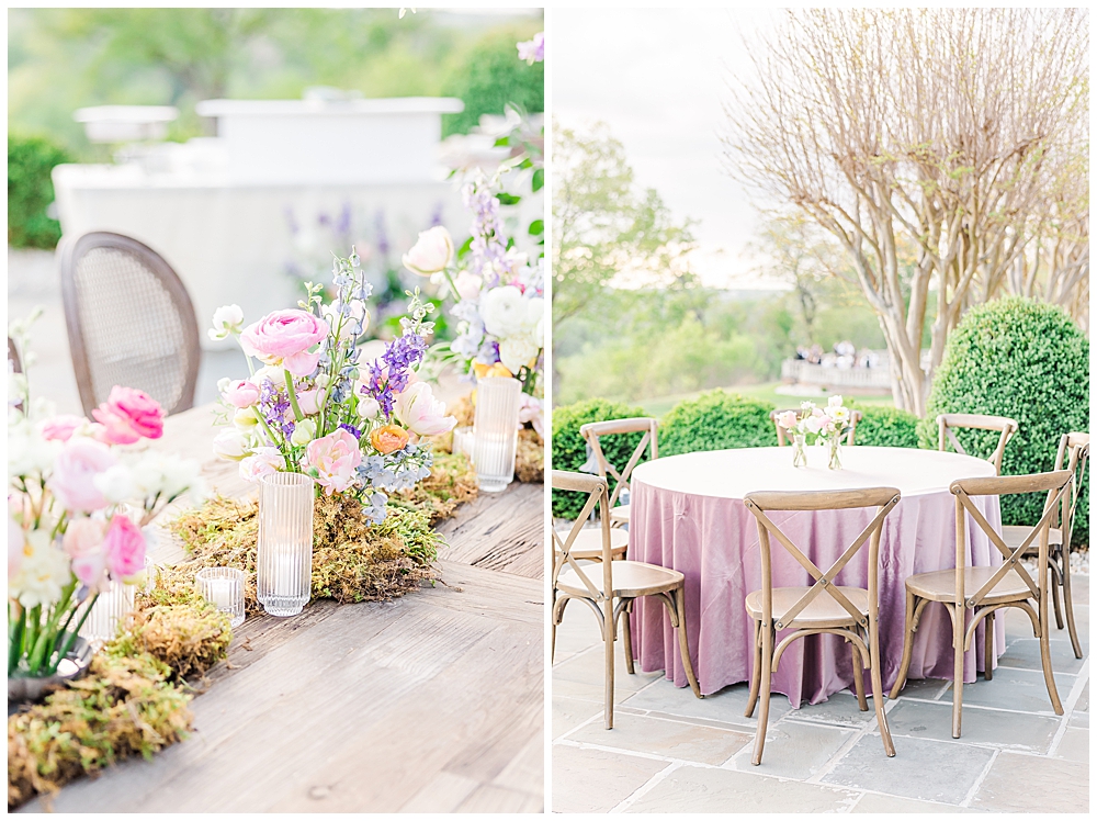 Pastel lilac and lavender floral design centerpieces for outdoor wedding reception | VA wedding photographer