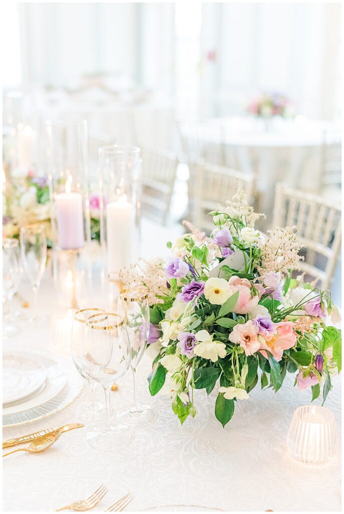 Pink pastel reception setup inspiration and centerpiece floral ideas for wedding | Virginia wedding photography