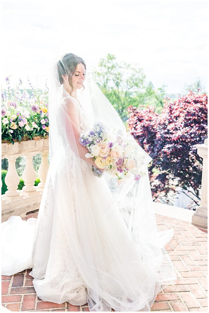 Bridal Photos at Estate at River Run wedding in spring | cathedral wedding veil with blusher | Northern VA Wedding Photographer