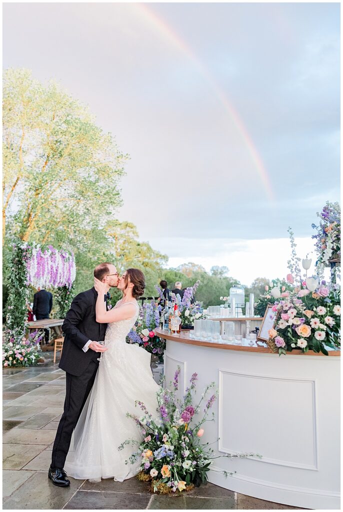 Bride and Groom golden hour photos with rainbow at Estate at River Run wedding in spring | Northern VA Wedding Photographer