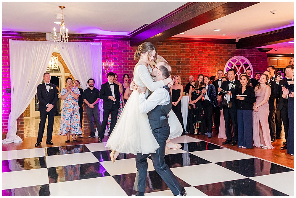 Tuscan ballroom transformed into classy jazz club for wedding reception at Estate at River Run wedding | Bride and Groom choreographed first dance | Northern VA Wedding Photographer