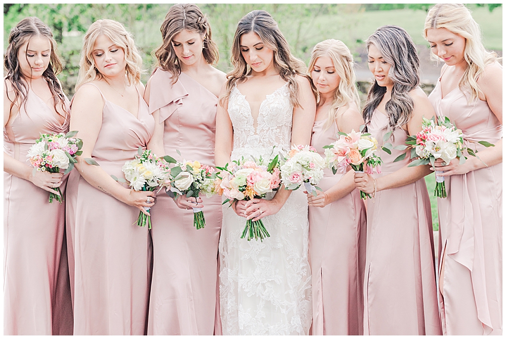 Spring satin pink bridesmaid dresses | Fitted, lace wedding dress | Evergreen Country Club Wedding | Northern VA Wedding Photographer