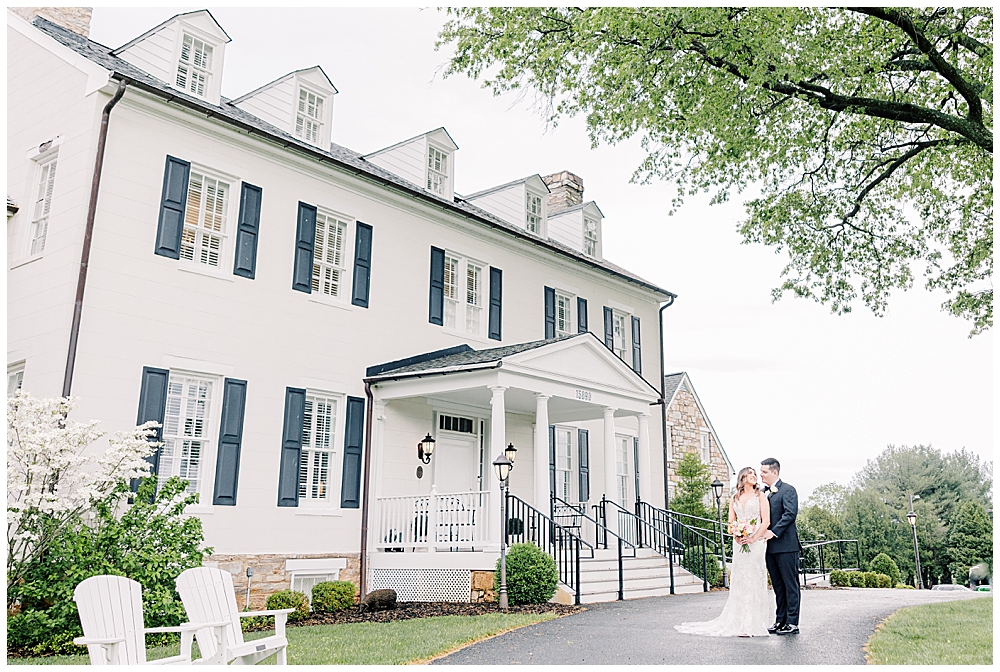 Bride and groom portrait in front of The Inn at Evergreen | Evergreen Country Club wedding | Northern VA wedding photographer