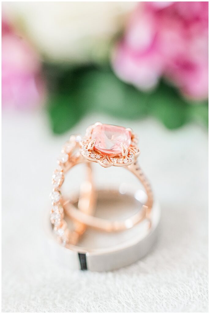 Cushion-cut rose pink diamond in rose gold setting engagement ring and wedding band set | Fairytale-themed Historic Mankin Mansion wedding in June | Richmond wedding photographer