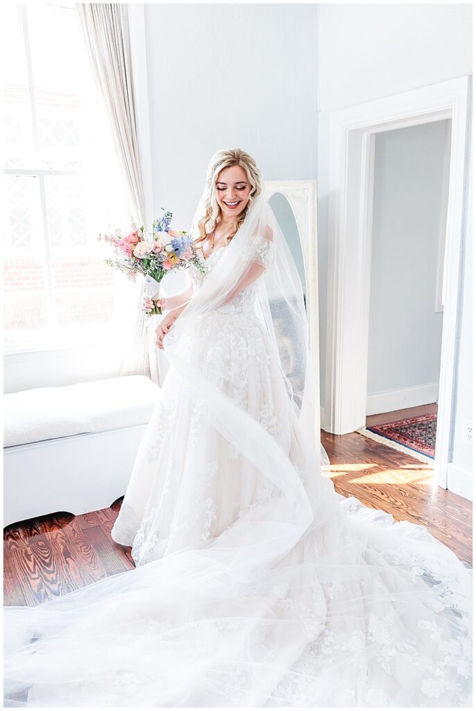 Princess lace ballgown and monarch-length veil | Fairytale-themed Historic Mankin Mansion wedding in June | Richmond wedding photographer