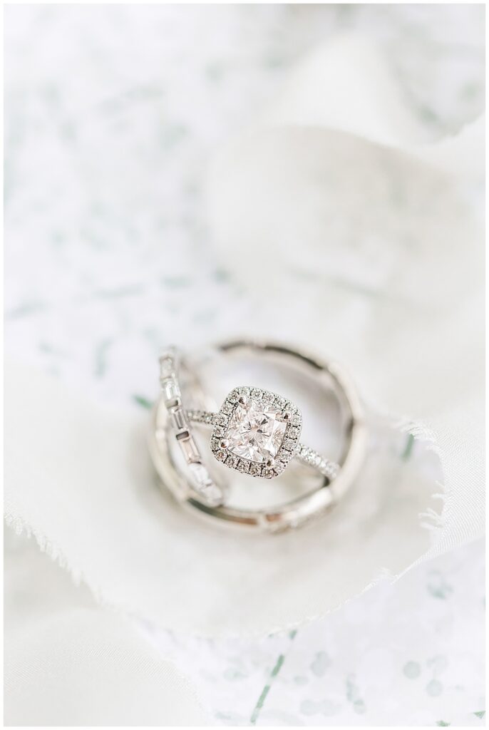 Cushion Cut Halo Diamond Engagement Ring with Baguette Diamond Wedding Band | Northern VA Wedding Photographer