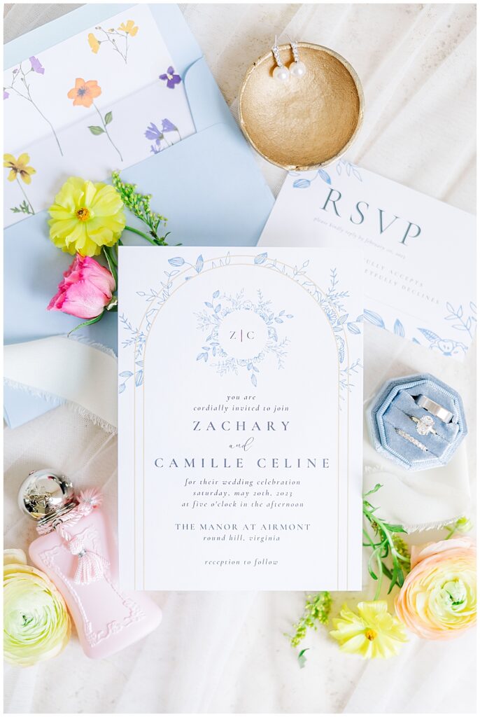 Blue and gold wedding invitation suite for spring wedding | The Manor at Airmont wedding | Northern VA Wedding Photographer
