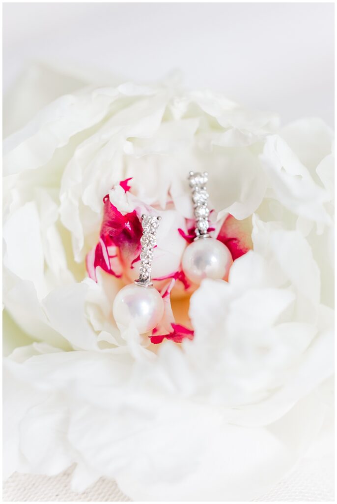 Bridal pearl and diamond earrings for wedding | The Manor at Airmont wedding | Northern VA Wedding Photographer