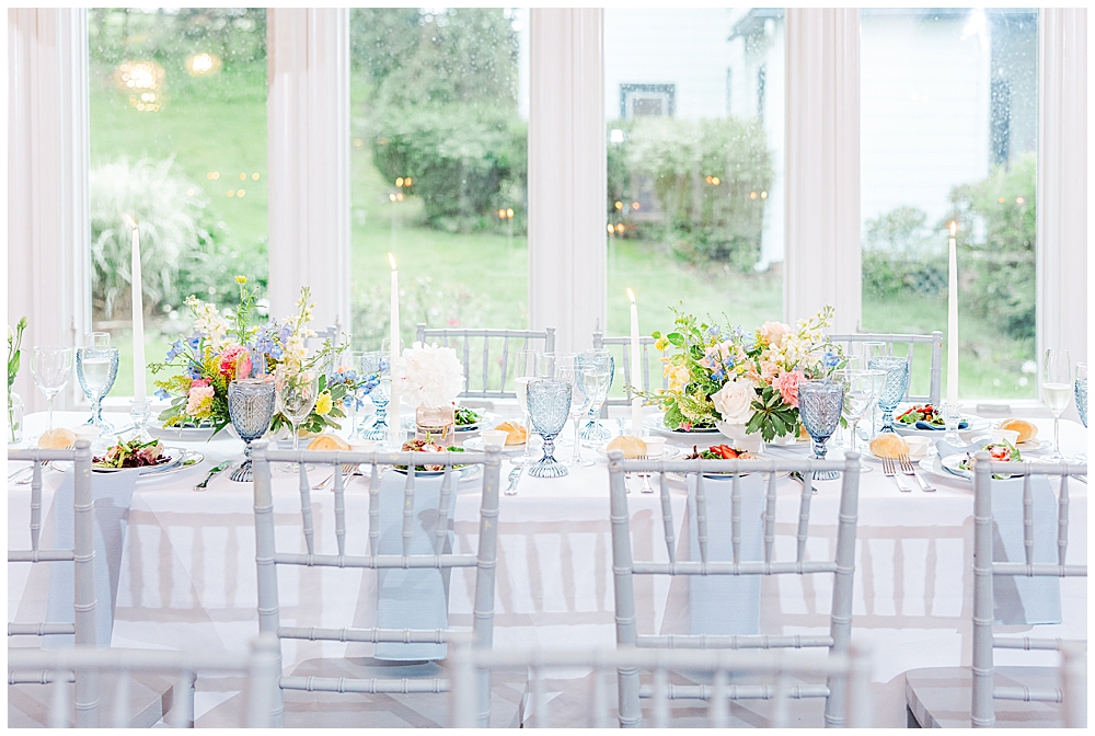 Indoor reception table settings for spring pastel wedding | Virginia Estate Wedding Venues | Northern VA Wedding Photographer