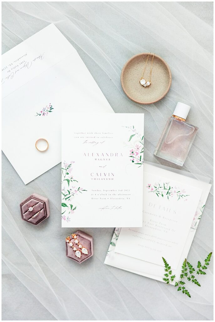 Simple lavender wedding invitation flat-lay from Minted Weddings for a late-summer wedding

River Farm Wedding | Alexandria Wedding Photographer