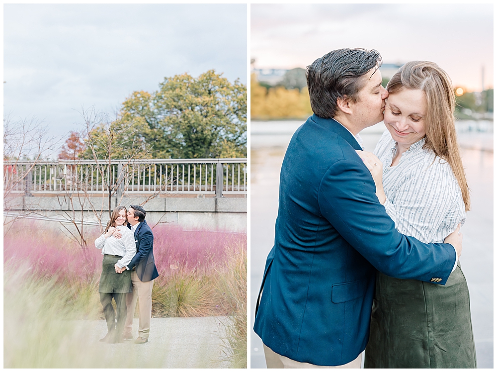 A D.C. couple's engagement photos taken at the Kennedy Center and Georgetown at sunrise by Emily Nicole Photography, a DMV wedding photographer