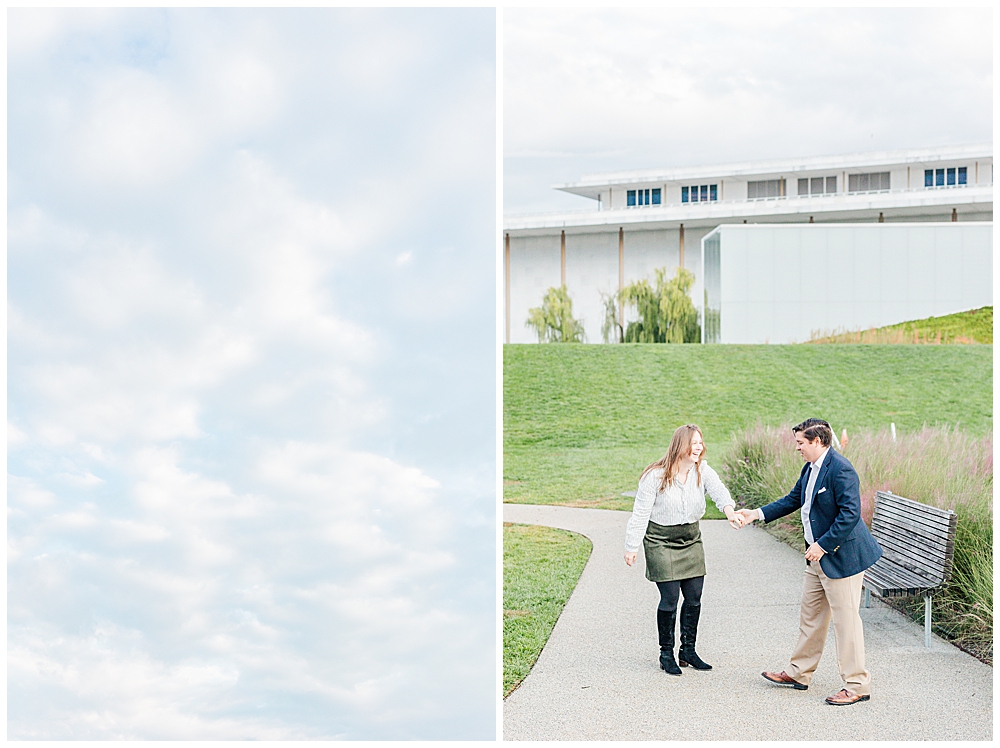 A D.C. couple's engagement photos taken at the Kennedy Center and Georgetown at sunrise by Emily Nicole Photography, a DMV wedding photographer